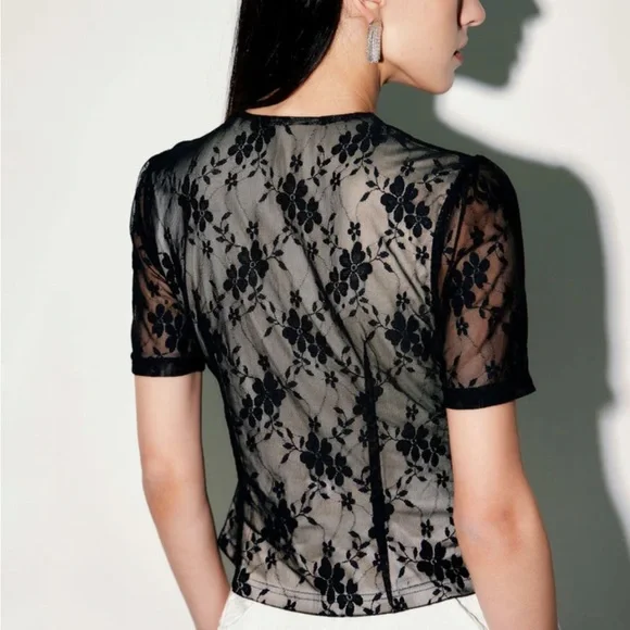 NWT RIHOAS Black Lace Slim Tee - Picture 2 of 4